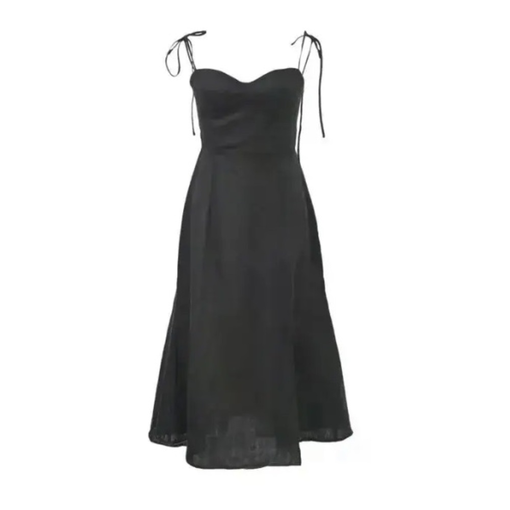 Reformation Nebraska linen Black Tie-Shoulder Midi Dress